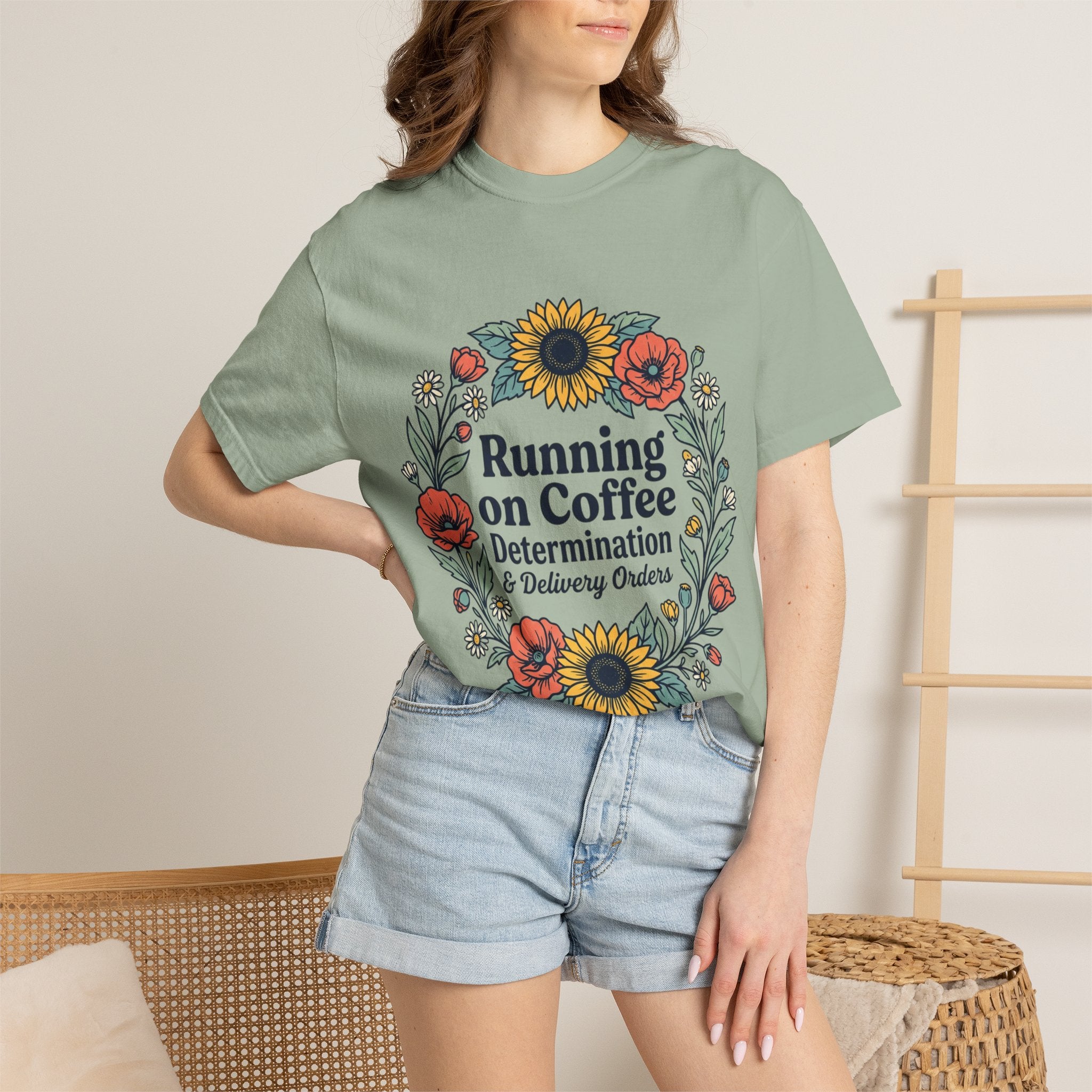 Running on Coffee Floral T-Shirt — Determination & Delivery Orders Tee